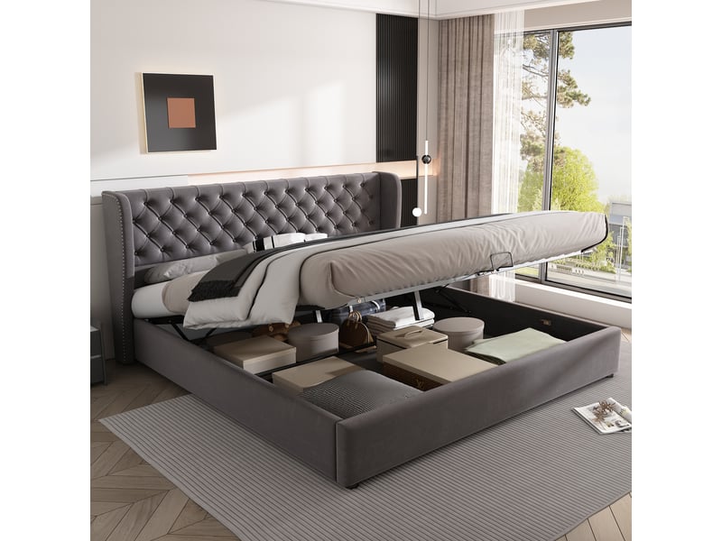  Lit coffre rembourré 160 x 200 cm en velours gris, tête de lit à oreilles capitonnée, sommier à lattes 3068034AAH - Conforama E
