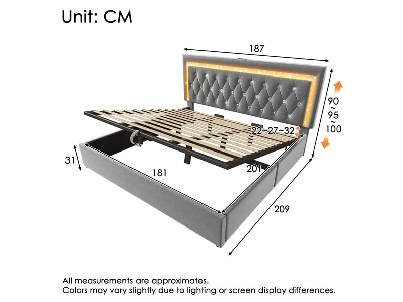  Lit coffre, lit double 180x200 cm, led, usbusb-c, sommier à lattes, sans matelas, velours gris  - Conforama C