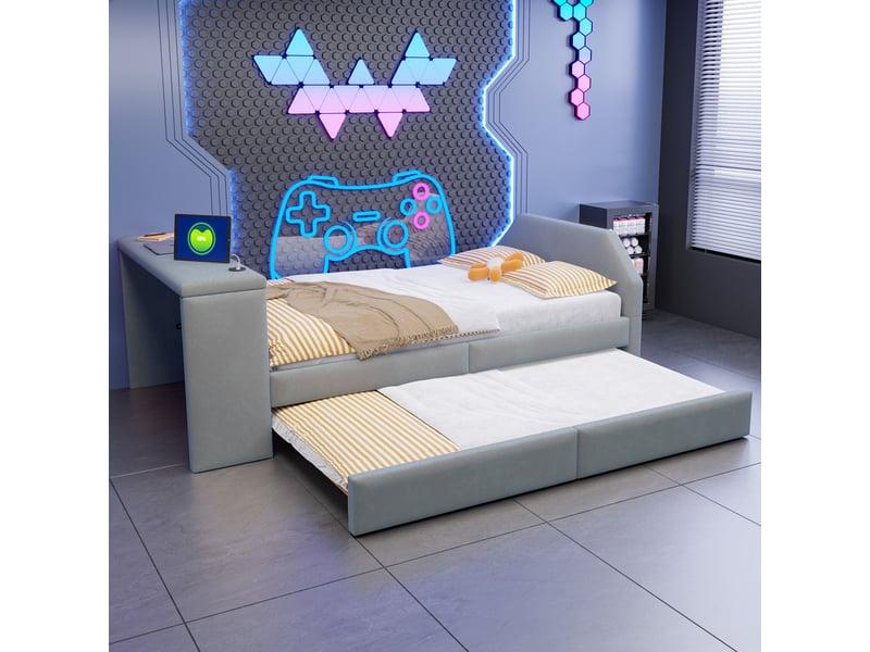  Lit pour enfant rembourré 90x200 cm – avec port de charge usb – avec lit gigogne – velours – gris (matelas non inclus)  - Conforama W