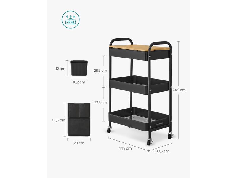  Chariot de rangement à 3 niveaux mobile 30,6 x 44,3 x 74,2 cm avec table supérieure style moderne en acier noir 12_0011059  - Conforama B