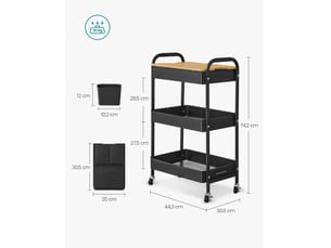 Chariot de rangement à 3 niveaux mobile 30,6 x 44,3 x 74,2 cm avec table supérieure style moderne en acier noir 12_0011059