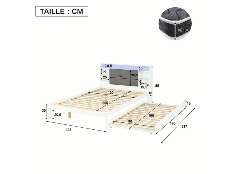  Lit en bois blanc 120x200 cm avec lit gigogne 90x190 cm, tête de lit capitonnée et led  - Conforama C