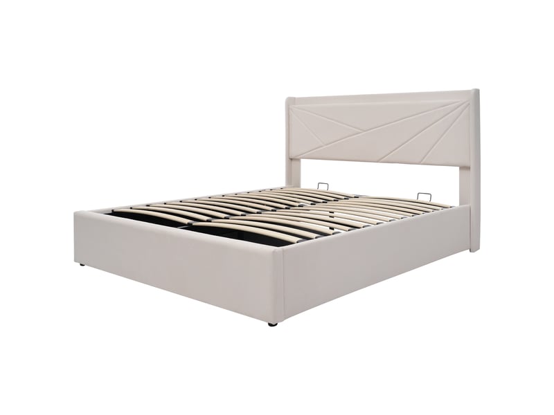  Lit double 140x200 cm avec coffre et tête de lit en lin, usb-c intégré, sans matelas  - Conforama A