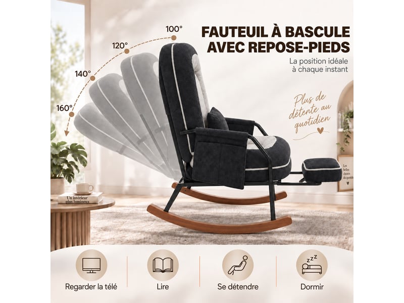  Fauteuil à bascule moderne avec dossier inclinable 100°-160°, repose-pieds escamotable, coussin en fausse fourrure de lapin,noir  - Conforama E