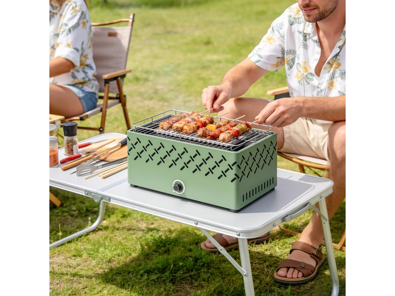  Barbecue au charbon 45,5x29x21 cm avec ventilateur intégré, température réglable et bac à charbon, vert clair  - Conforama D