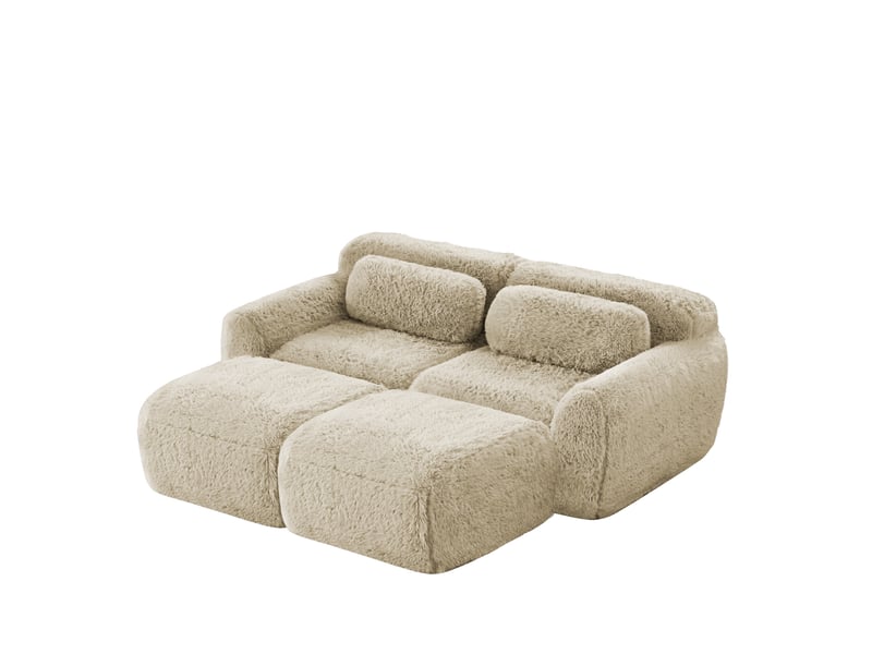  Canapé convertible modulable 2 places avec 2 poufs en tissu peluche kaki clair  - Conforama A
