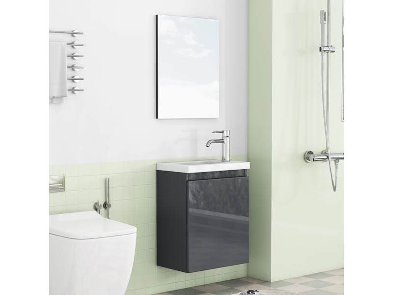  Meuble sous vasque mural avec miroir, vasque en céramique, porte sans poignées et fermeture amortie, salle de bains, 40 cm  - Conforama C