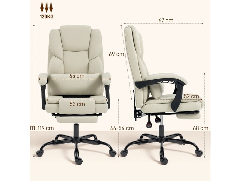  Chaise de bureau ergonomique beige en cuir régénéré, inclinable 140° avec repose-pieds et soutien lombaire  - Conforama C