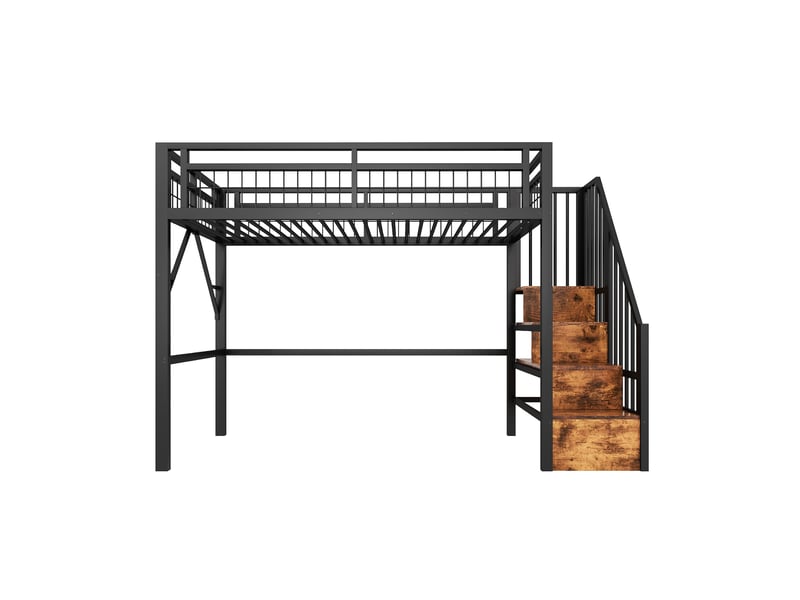 Lit mezzanine noir 90x200 cm en métal avec escalier rangement et led, sans matelas - Conforama A