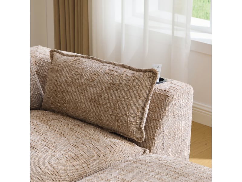 Canapé 3 places en chenille kaki avec pouf, coussins et porte-gobelets, 256x161x75 cm - Conforama R