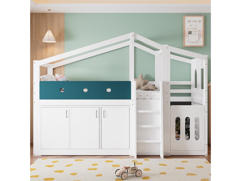  Lit mezzanine 90x200cm - lit enfant cabane mi-hauteur en bois avec armoire de rangement, espace jeu et échelle - blanc  - Conforama D