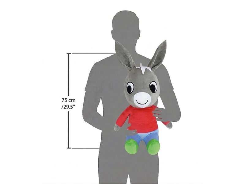  Peluche âne xxl trotro 65 cm grise avec chemise rouge, pantalon bleu, pieds verts 024611 - Conforama C