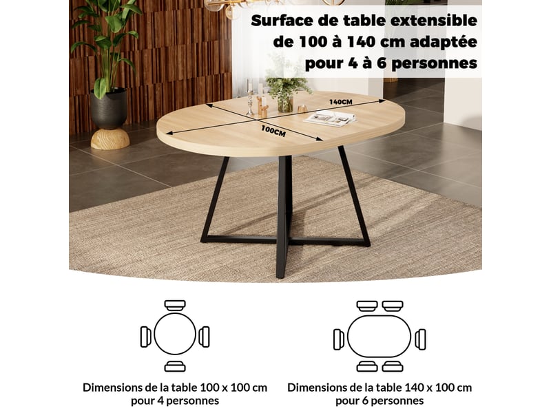  Table à manger extensible 100140 x 100 cm, 4 à 6 personnes, coloris chêne Jamama eleni - Conforama D