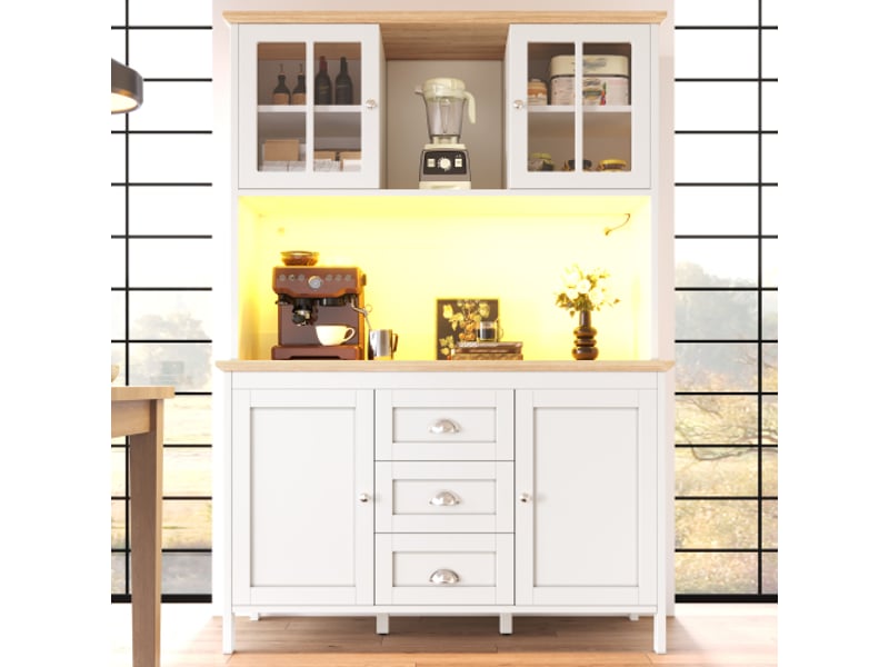 Buffet haut de cuisine avec éclairage led 120x40x179 cm, rangement latéral, 4 portes et 3 tiroirs, blancnoir - Conforama B
