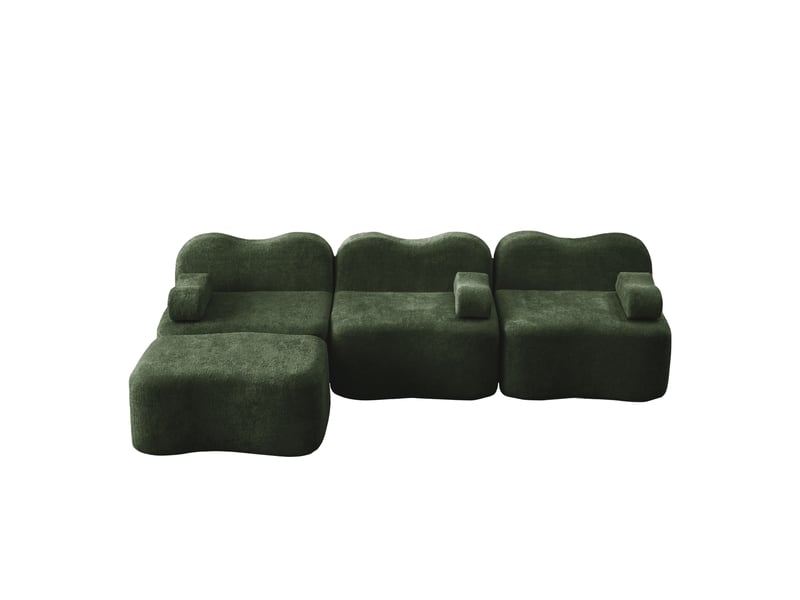  Canapé d'angle modulaire 3 places avec pouf et assise profonde en velours vert  - Conforama A