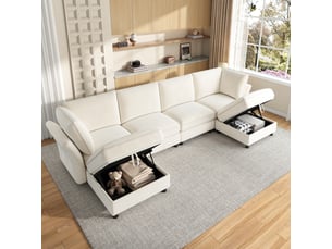 Canapé d'angle, canapé modulable, 6 places, en tissu chenille, beige, avec pouf, pour salon, appartement, chambre
