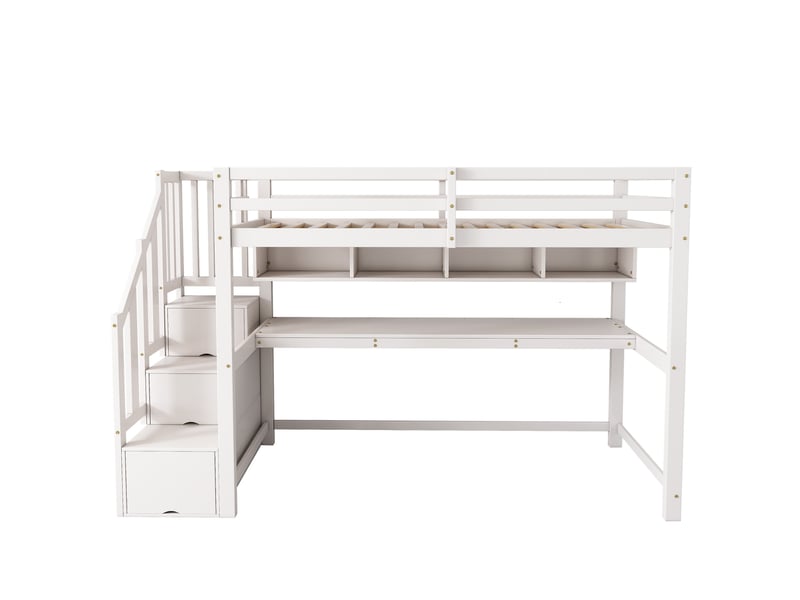  Lit mezzanine enfant 90x200 cm avec escalier de rangement et bureau, bois et mdf, blanc, sans matelas  - Conforama E