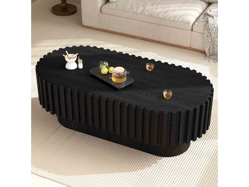  Table basse ovale 100x50x35,5 cm en mdf avec tiroir, table de salon avec décoration à lattes verticales, meuble d'appoint design - noir  - Conforama E