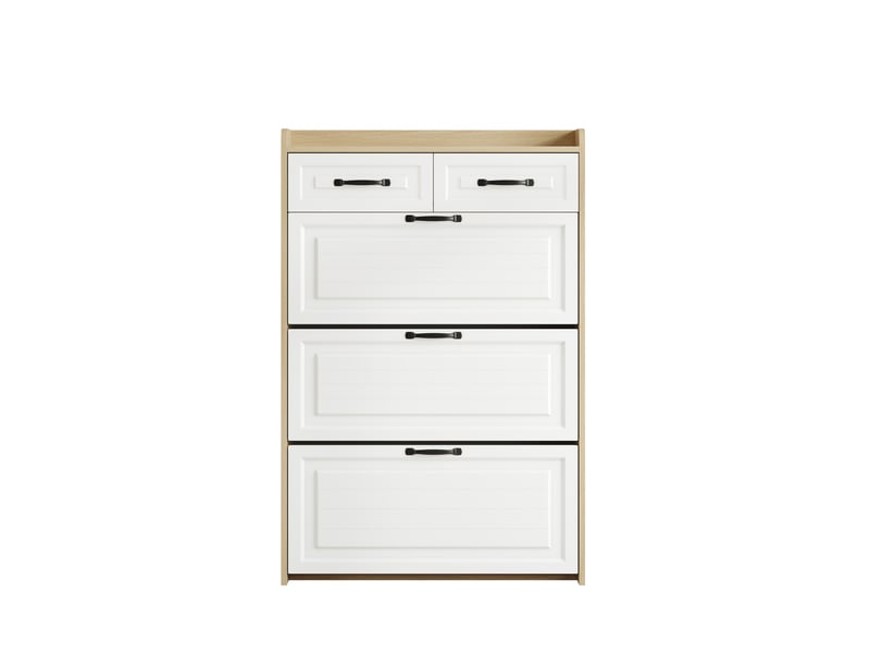  Meuble à chaussures 80x23,5x131 cm, portes, tiroirs, meuble entrée, rangement, panneau de particules, blanc et naturel  - Conforama A