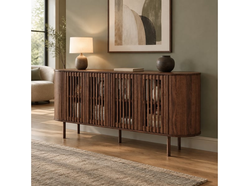  Buffet 160 x 40 x 70 cm avec 4 portes coulissantes ajourées, mdf coloris noyer, étagères réglables, pieds en métal noir  - Conforama B