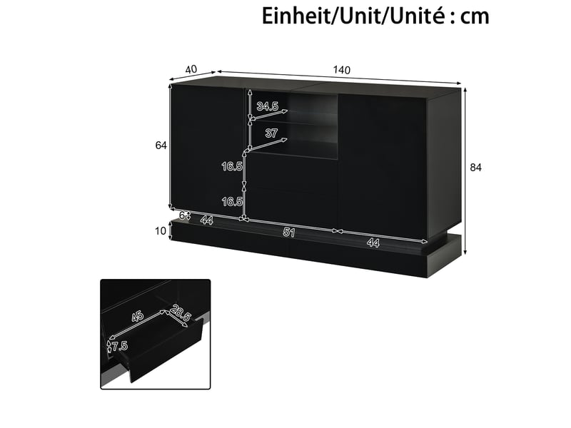 Buffet bas 140x40x84 cm, 2 portes, 2 tiroirs, éclairage led contrôlable par application, panneau de particules, noir - Conforama C