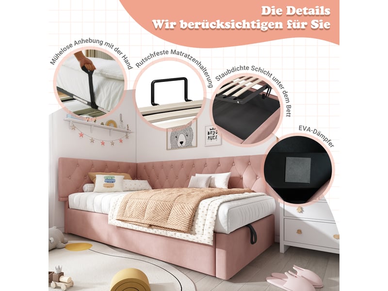  Lit banquette 90x200 en velours rose avec lit coffre hydraulique, sommier à lattes, pour enfant et adolescent  - Conforama E