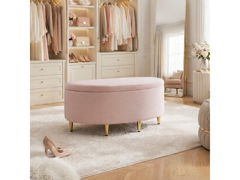  Banc coffre 90x40x42 cm en velours rose avec rangement  - Conforama E