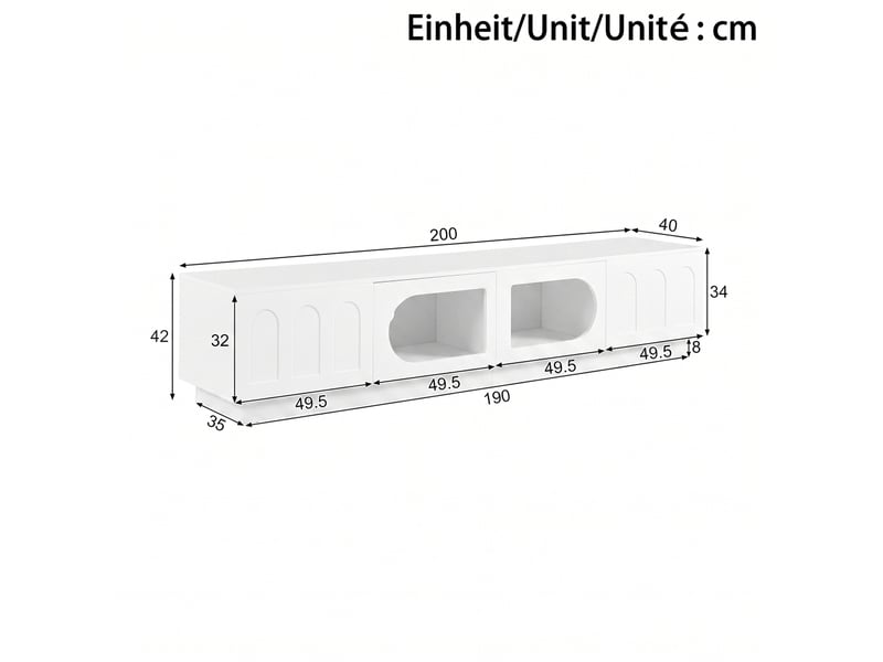  Meuble tv 200 x 40 x 42 cm blanc mdf avec portes vitrées et led via application pour salon  - Conforama E