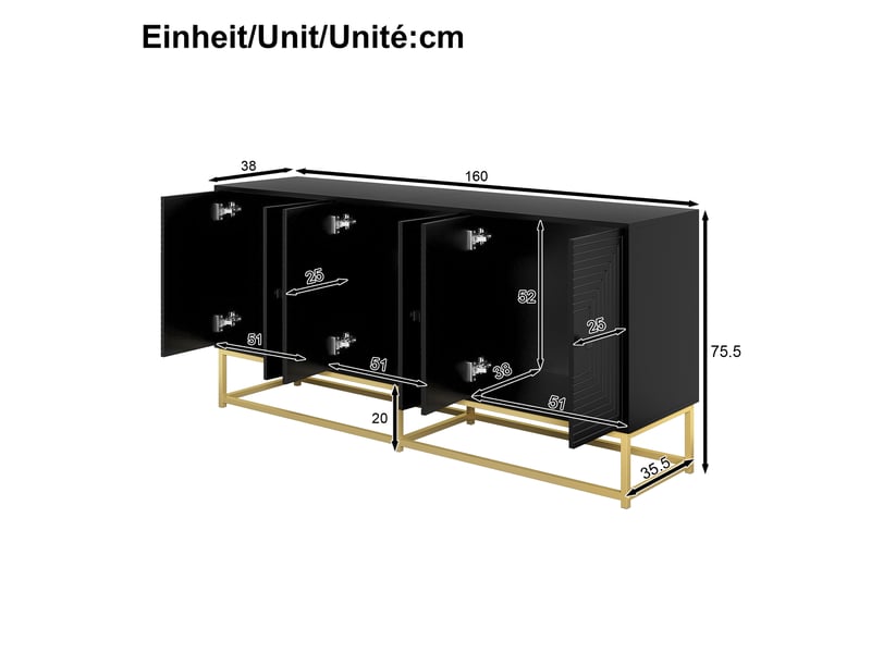 Buffet 160x38x75,5 cm, avec 3 compartiments à portes doubles, finition mate, panneau de particules, rangement, noir - Conforama C