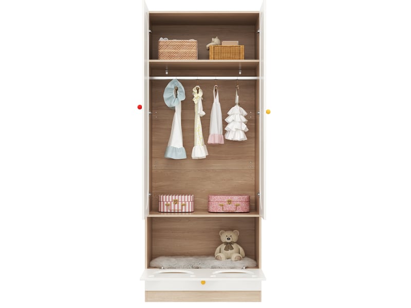  Armoire enfant 80x50x200 cm - 2 portes, penderie, étagères, tiroirs, design ours, blanc et bois  - Conforama R