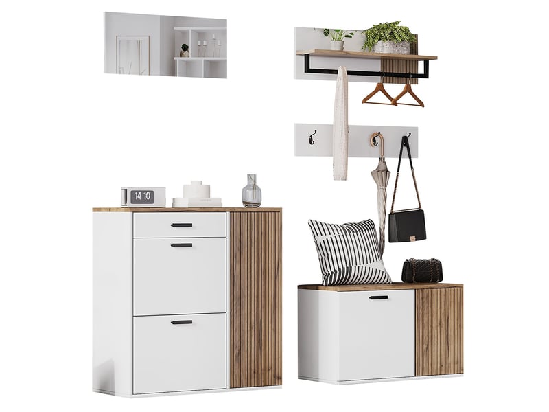 Ensemble meuble à chaussures portemanteau 5 pièces armoire banc miroir étagère suspendue panneau 4 crochets couloir entrée salon  - Conforama A