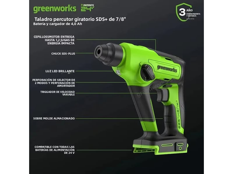  Greenworks perceuse à percussion rotative à brosses 24 v diverses vitesses sds 1,2 j doppies modes de fonctionnement avec batterie 4 ah et chargeur  - Conforama C
