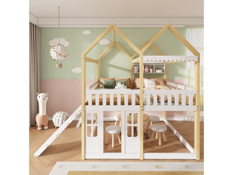  Lit mezzanine enfant 90 x 200 cm avec toboggan et échelle réversibles, design cabane, espace jeu, blanc et bois naturel evarich - Conforama E