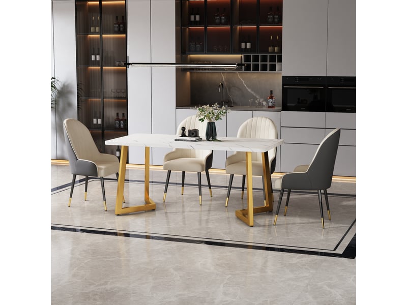  Table à manger rectangulaire effet marbre blanc 117 x 68 cm, pieds en métal doré, style moderne  - Conforama B