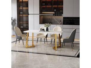 Table à manger rectangulaire effet marbre blanc 117 x 68 cm, pieds en métal doré, style moderne