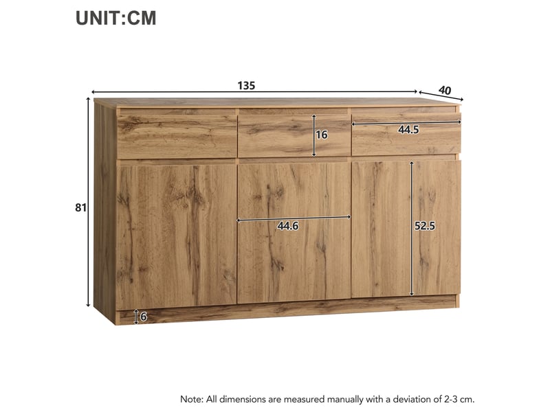  Buffet bas 135x40x81 cm à 3 portes et 3 tiroirs coloris bois naturel  - Conforama D