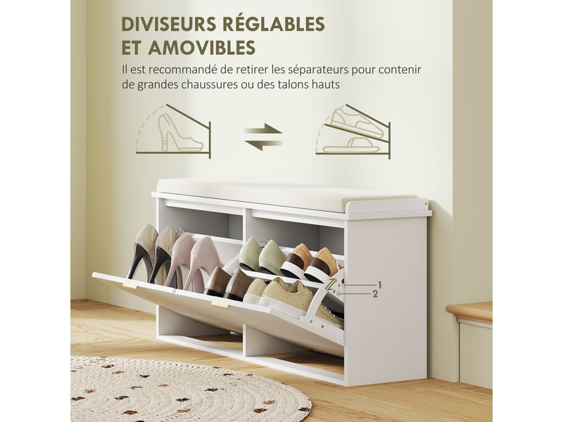  Banc à chaussures avec coussin d'assise rembourré et tiroir rabattable pour couloir, chambre, 104 x 26 x 47,5 cm, blanc  - Conforama R
