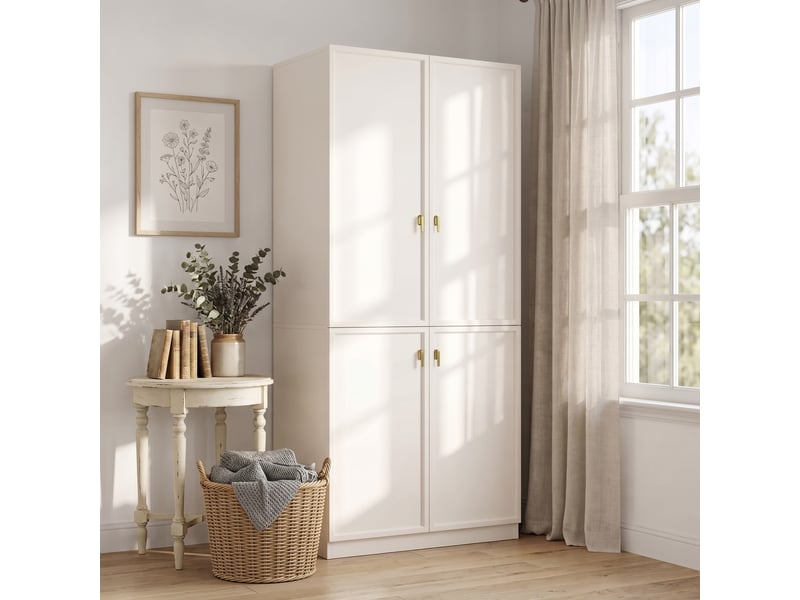  Armoire blanche 90x200 cm à portes battantes, penderie haute 2 barres avec 3 compartiments, pour chambre et salon  - Conforama E