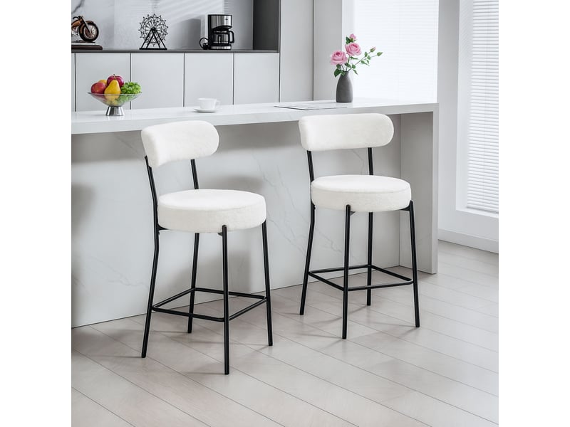  Lot de 2 tabourets de bar en tissu bouclette, chaises de bar avec dossier courbé, repose-pieds, 49x52x95cm, crème  - Conforama D