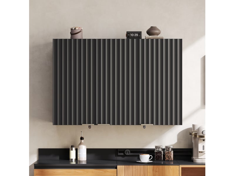  Armoire murale avec 3 portes, rangement fermé et poignées dorées, pour cuisine, en mdf noir, 90 × 29 × 60 cm  - Conforama C
