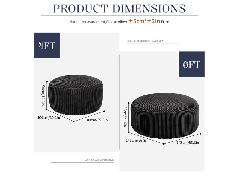  Fauteuil poire rond modenvie 6ft pour adultes et adolescents, velours côtelé noir, mousse à mémoire de forme en cubes, 143 x 143 x 55 cm  - Conforama C
