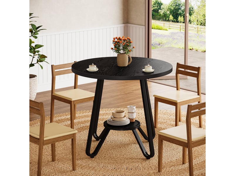 Table à manger ronde de 80 cm avec double étagère, table de cuisine style industriel pour 2 personnes - Conforama B