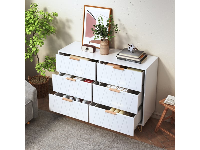  Commode 6 tiroirs - design géométrique - pieds épingles dorés – style luxe léger moderne - anti-basculement - 100x34x72.5cm - blanc  - Conforama D