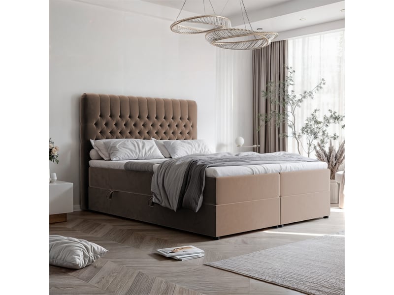  Lit adulte alba - 200x200 cm - matelas ressorts + surmatelas - coffre de rangement - velours dense hydrofuge marron clair ALBA - Conforama B