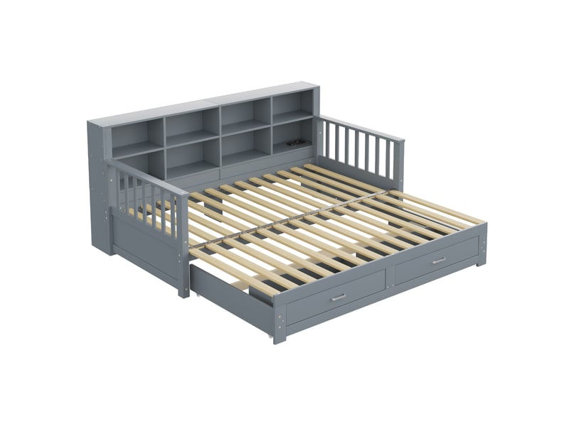 Lit extensible 90180x190cm, lit banquette avec 2 tiroirs, espace de rangement, charge, canapé lit, pin+mdf, gris, sans matelas - Conforama R