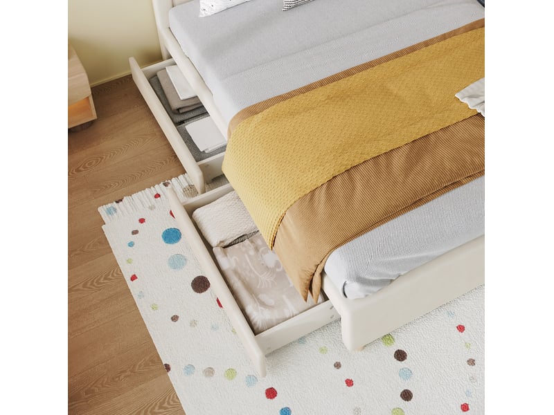Lit cabane 140x200 cm avec 4 tiroirs en velours beige, sans matelas - Conforama D