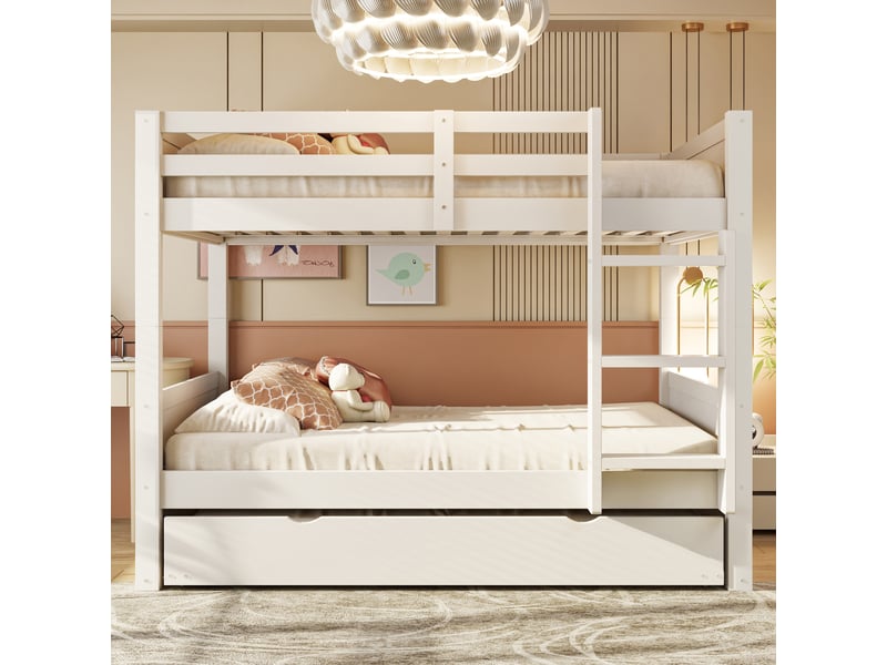  Lit superposé bois 90 x 200 cm blanc avec lit tiroir extensible, séparable en 2 lits simples, garde-corps, échelle et sommiers à lattes  - Conforama C