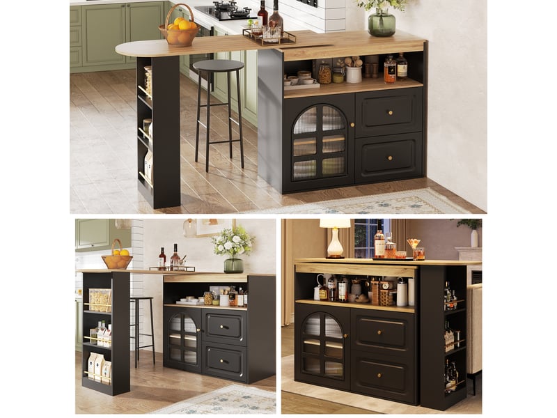  Buffet pivotant 360° noir, 138-204x39x104 cm, rangements, porte vitrée courbée - meuble salon  - Conforama E