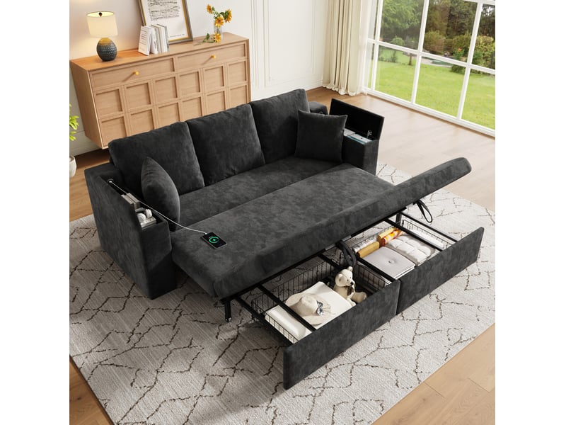  Canapé convertible 3 places avec rangement et ports usb en chenille grise  - Conforama C