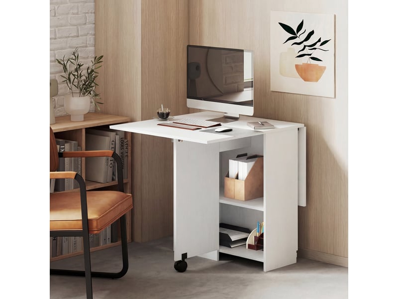 Table à manger pliable extensible 4 personnes - 2 abattants, 2 étagères, tiroir, roulettes - aspect bois blanc - Conforama D